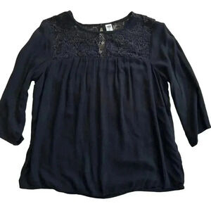 Boho Lace Shoulder 3/4 Sleeve Top Women's Sz Small Black Button Flowy Old Navy